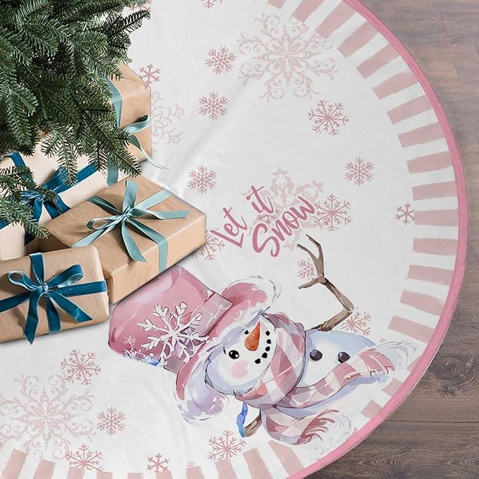 Let It Snow Snowman Christmas Tree Skirt 36 Inches, Pink Snowflake Tree Skirt, Winter Xmas Tree Mat for Home Party Holiday Indoor Outdoor Decorations (Pink, 36in)