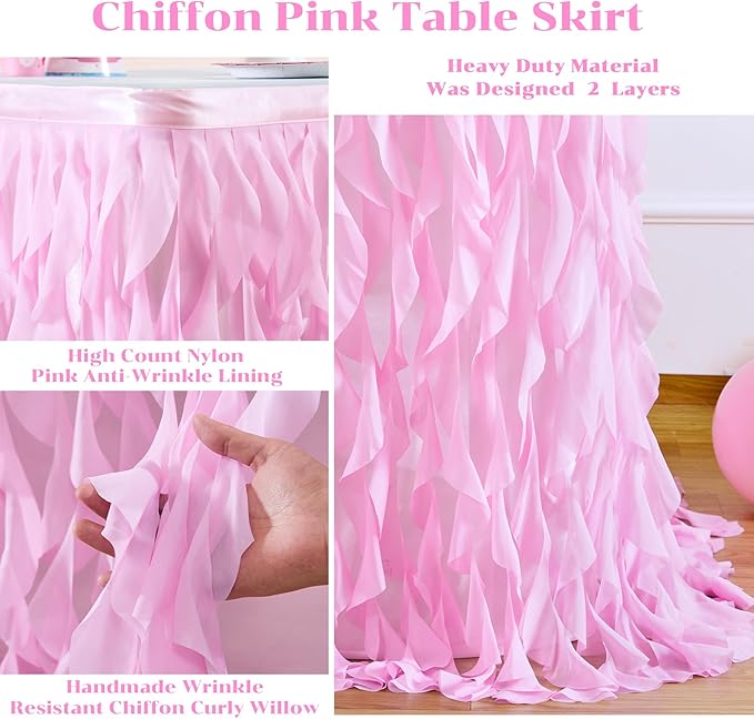 PARTISKY Pink Tulle Curly Willow Table Skirt for Rectangle Table 14ft, Ruffle Tutu Table Cloth for Girls Baby Shower,Birthday Party Candy Cake Tables