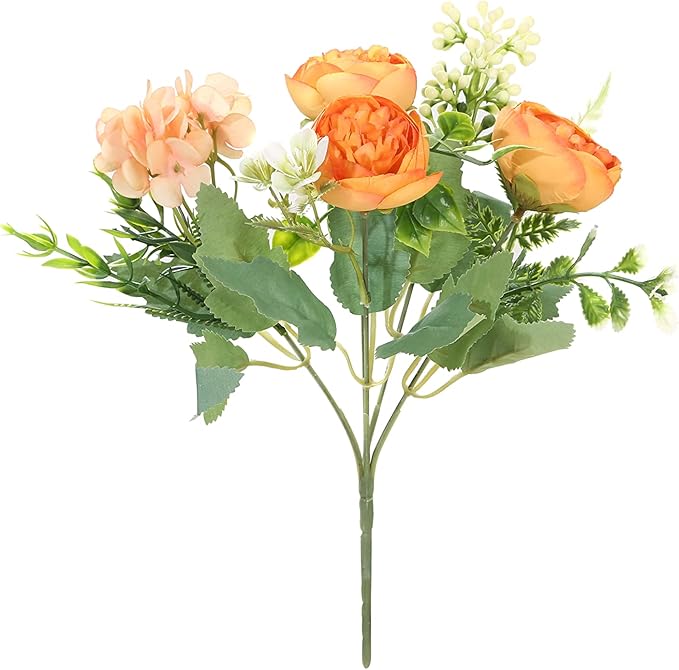Artificial Flowers Fake Peony Silk Mini Plastic Bridal Flowers for DIY Wedding Bouquets Home Decorations 4 Packs(Orange)