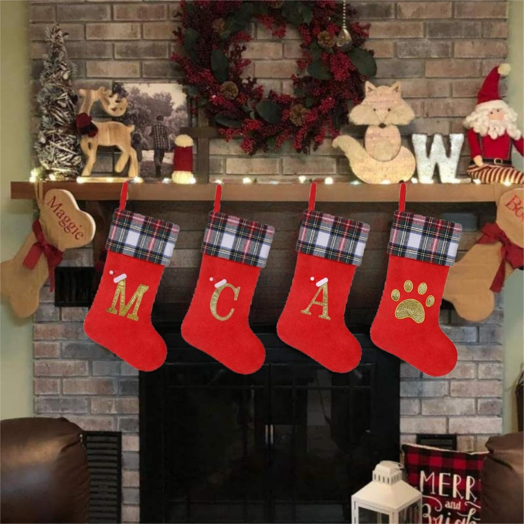 19 inch Red Plaid Christmas Stockings,Initial Monogram Personalized Christmas Stocking,Hanging Ornaments for Family Holiday Xmas Party Decorations-A