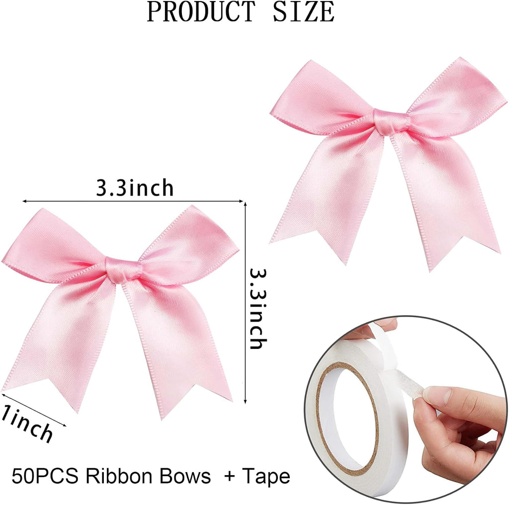 50 Pieces Gift Wrap Bows Premium Satin Ribbon Bows 3.3 Inch Craft Bows for Gift Wrapping DIY Treat Bags Holiday Gifts Bag Party Decorations, Wedding Decor Christmas Birthday Presents (Light Pink)