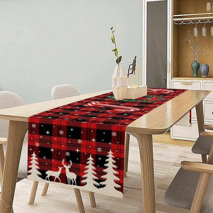 Christmas Table Runner, Red Winter Xmas Holiday Table Cloth Kitchen Dining Table Decoration for Home Party Decor 13x60 Inch