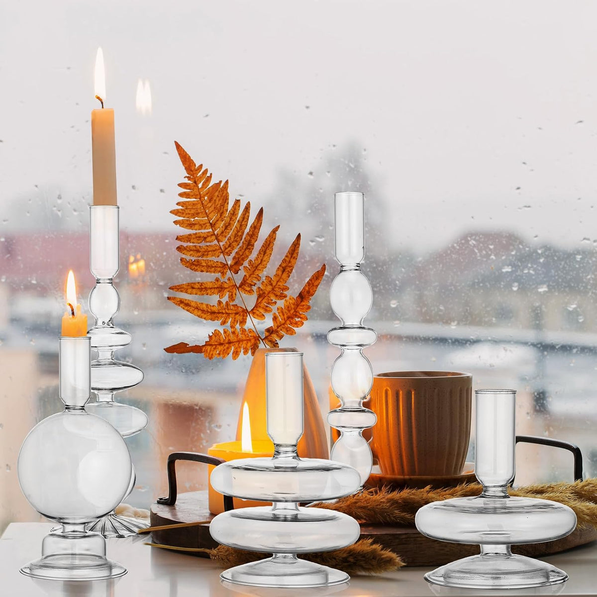 Rtteri 5 Pcs Glass Candlestick Holders Colorful Glass Taper Candle Stand Groo...