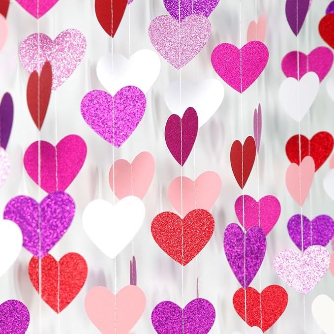 Purple Hot-Pink Red Party-Decoration Heart-Garland - 52ft Galentines Hanging Paper Streamers Banner, Proposal Anniversary Romantic Birthday Baby Shower Rustic Wedding Decor Hugfond