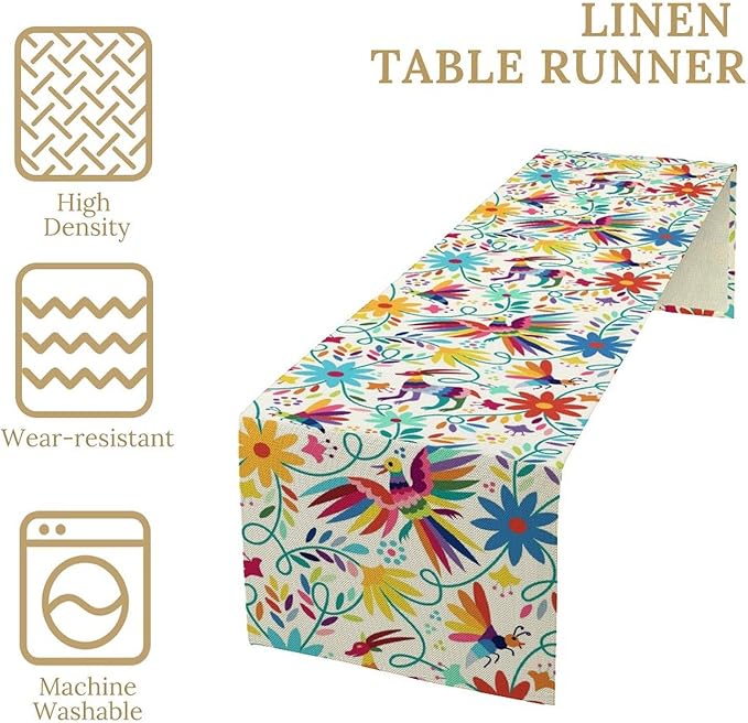 Mexican Table Runner,Boho Colorful Nature Inspired Flowers and Birds Table Cloth Kitchen Dining Table Home Party Decoration 13x60 Inch