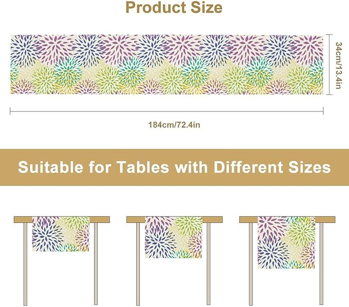 Purple Flowers Table Runner, Chrysanthemum Dahlia Vintage Modern Colorful Spring Summer Elegant Table Runner for Party Kitchen Dining Living Room Laundry Room Decor, 13x108 Inch