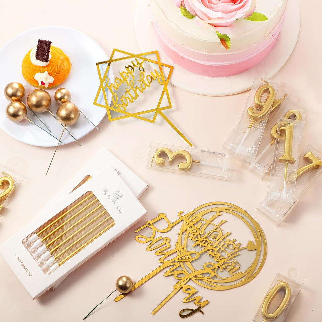 Yerliker 34 Pcs Happy Birthday Cake Toppers Decorations Birthday Candles DIY Cake Decor for Men Women Wedding Anniversary(Gold)
