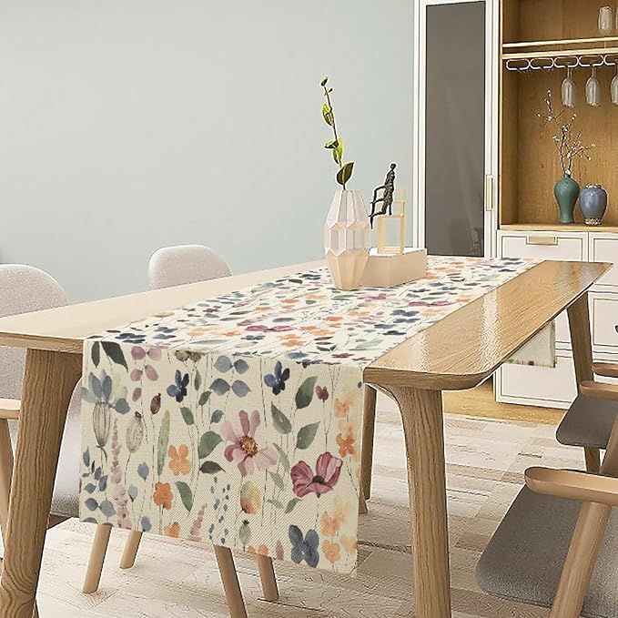 Watercolor Floral Table Runner, Vintage Colorful Floral Natural Style Pattern Decorative Home Restaurant Kitchen Rectangle Table Runner,13in（33cm） W * 36in（92cm） L