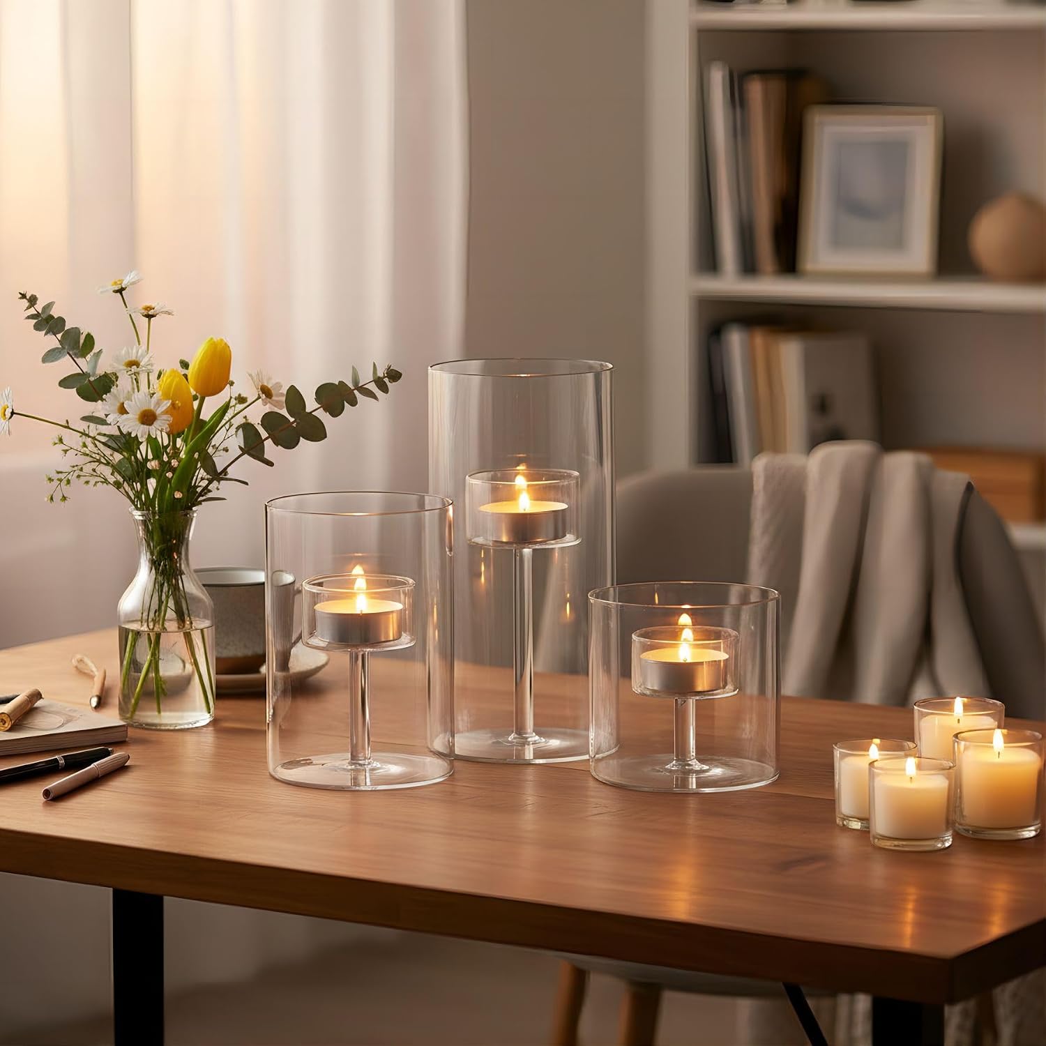 Glass Hurricane Candle Holder, 3pcs Clear Cylinder Candle Holders Bulk for Pillar Candles, Open Ended Glass Candle Pedestal for Wedding Centerpieces Tables, Party, Event(No.01)