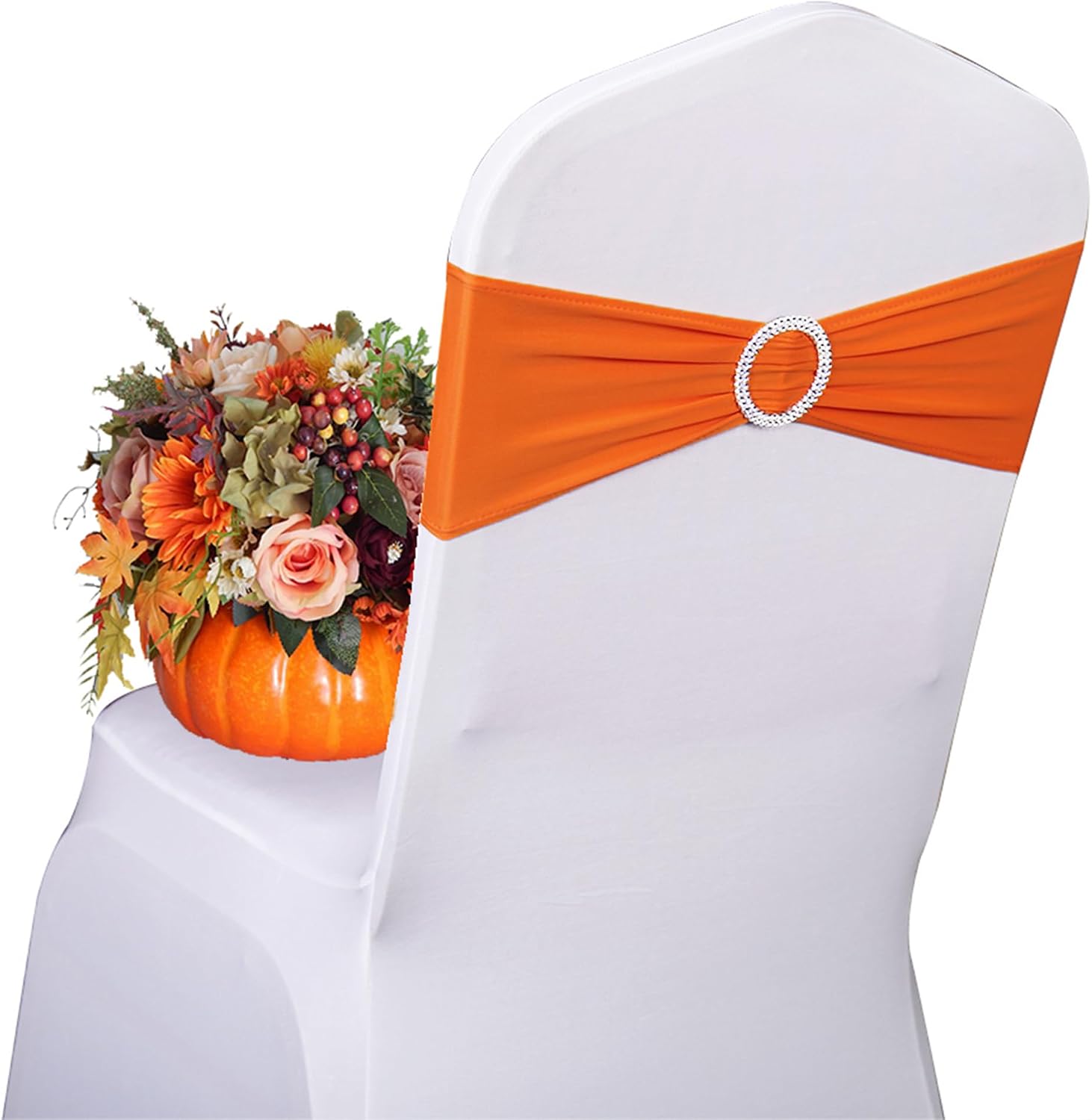 50 Pack Spandex Orange Chair Sashes for Wedding Stretch Chairs Bows Bands with Slider Buckles for Party Birthday Feast Banquet Restaurant Halloween Christmas Events Decorations