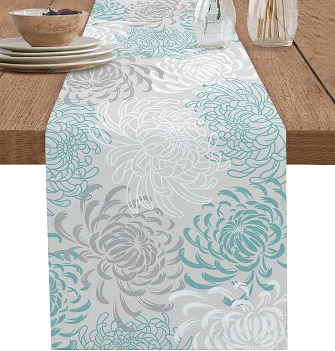 Auqa Chrysanthemum Cotton Linen Table Runner for Dining Kitchen, Wedding Outdoor Party Tablerunners Decoration, Farmhouse Floral Botanical Leaves Dresser Scarf Coffee Tablecloth Runners 13x120 Inches