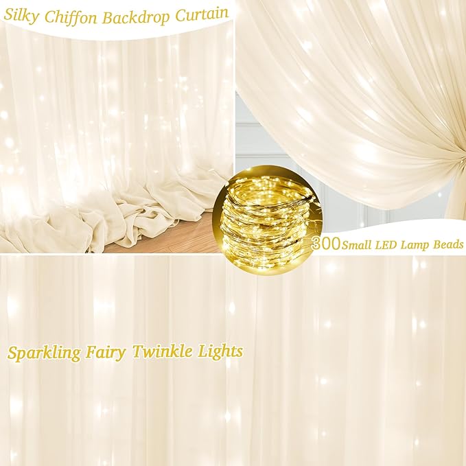 10x10ft Ivory Chiffon Backdrop Curtain with Lights String for Wedding Parites, Sheer Photo Backdrop Curtains for Baby Shower Bridal Shower Birthday Party Ceremony Reception