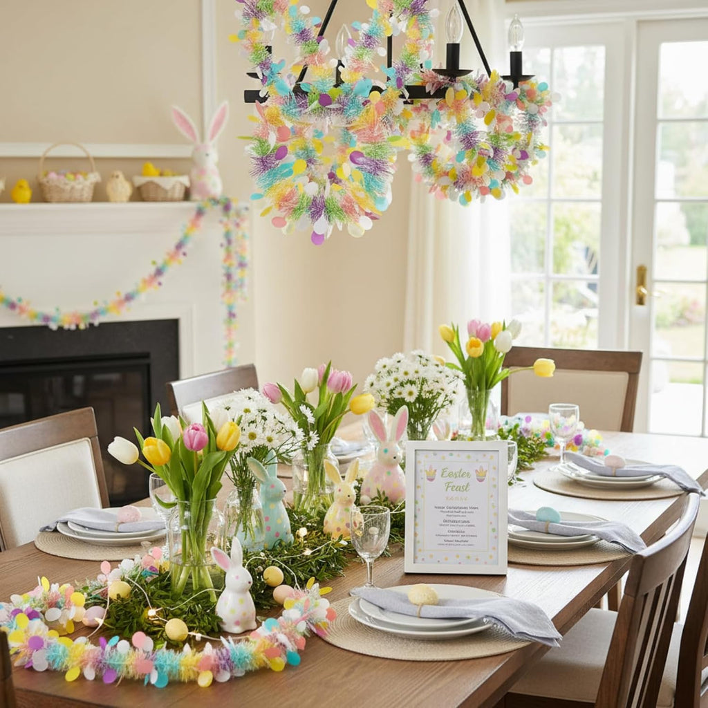 WILLBOND 32.8ft Spring Colorful Tinsel Garland Decor Extra Wide 4" Pastel Garland with Confetti Summer Metallic Twist Hanging Decor for Tree Festival Birthday Party Indoor Outdoor Classroom