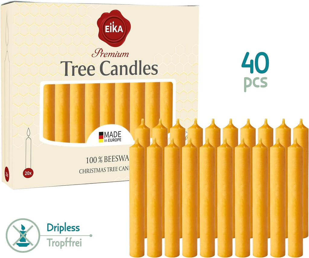 Eika Premium 100% Beeswax Tree Candles - Pack of 40 Honey Colored Natural Christmas Wax Candles for Pyramids, Carousels & Chimes - Made in Europe
