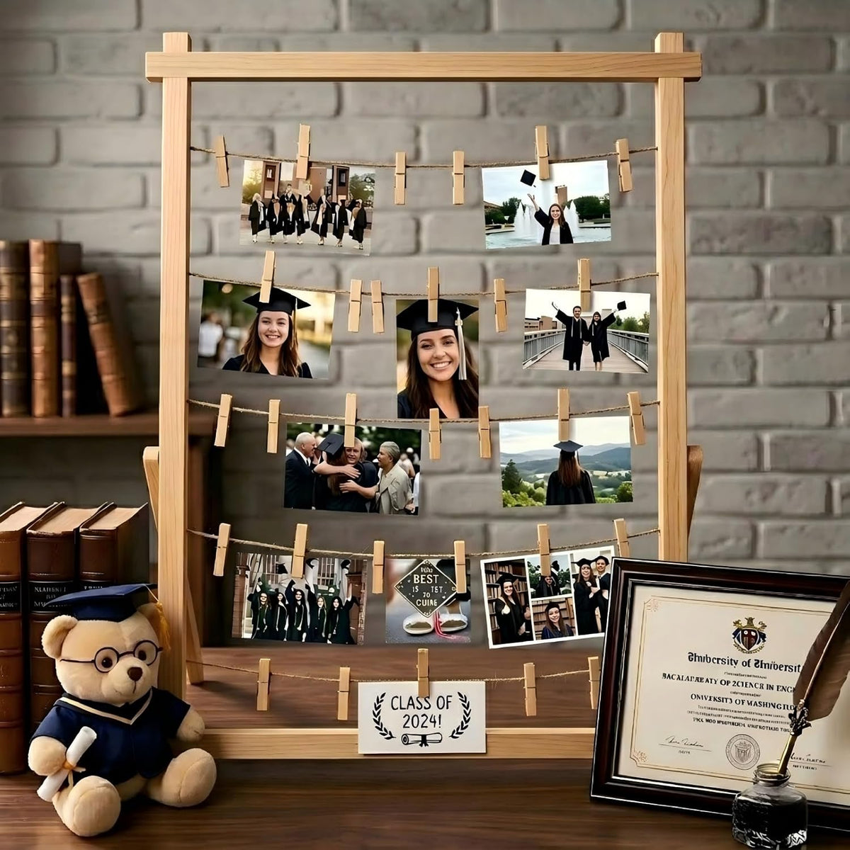 2026 Graduation Decorations Freestanding Wooden Photo Display Board with Clip...
