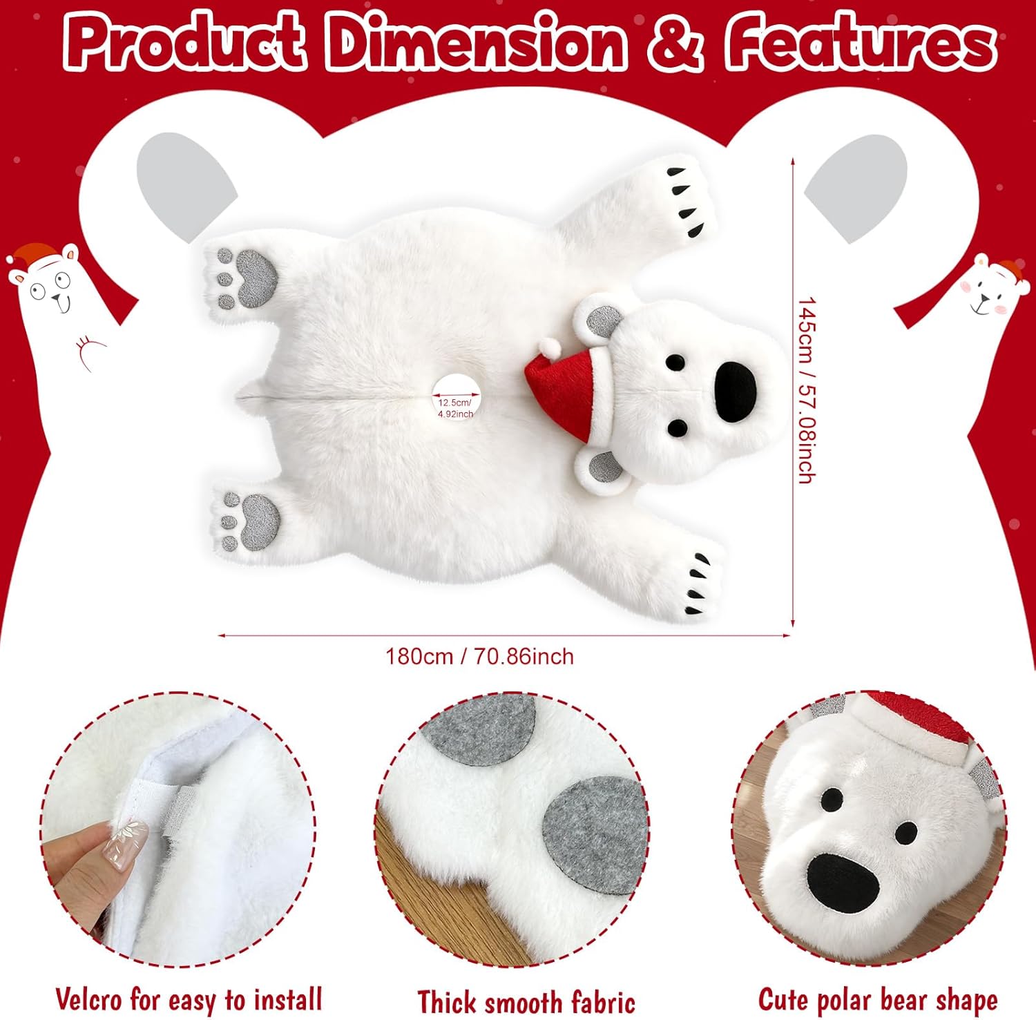 AerWo 48 Inch Christmas Tree Skirt, Faux Fur Polar Bear White Tree Skirt for White Christmas Decorations Indoor Party Holiday Xmas Home Decor