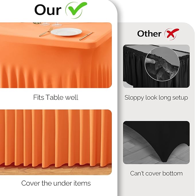 Wish Care 2 Pack Orange Spandex Table Clothes for 6 Foot Rectangle Tables, 6FT Wrinkle Free Fitted Tablecloths Ruffles Design Table Cover for Party, Banquet, Wedding and Events