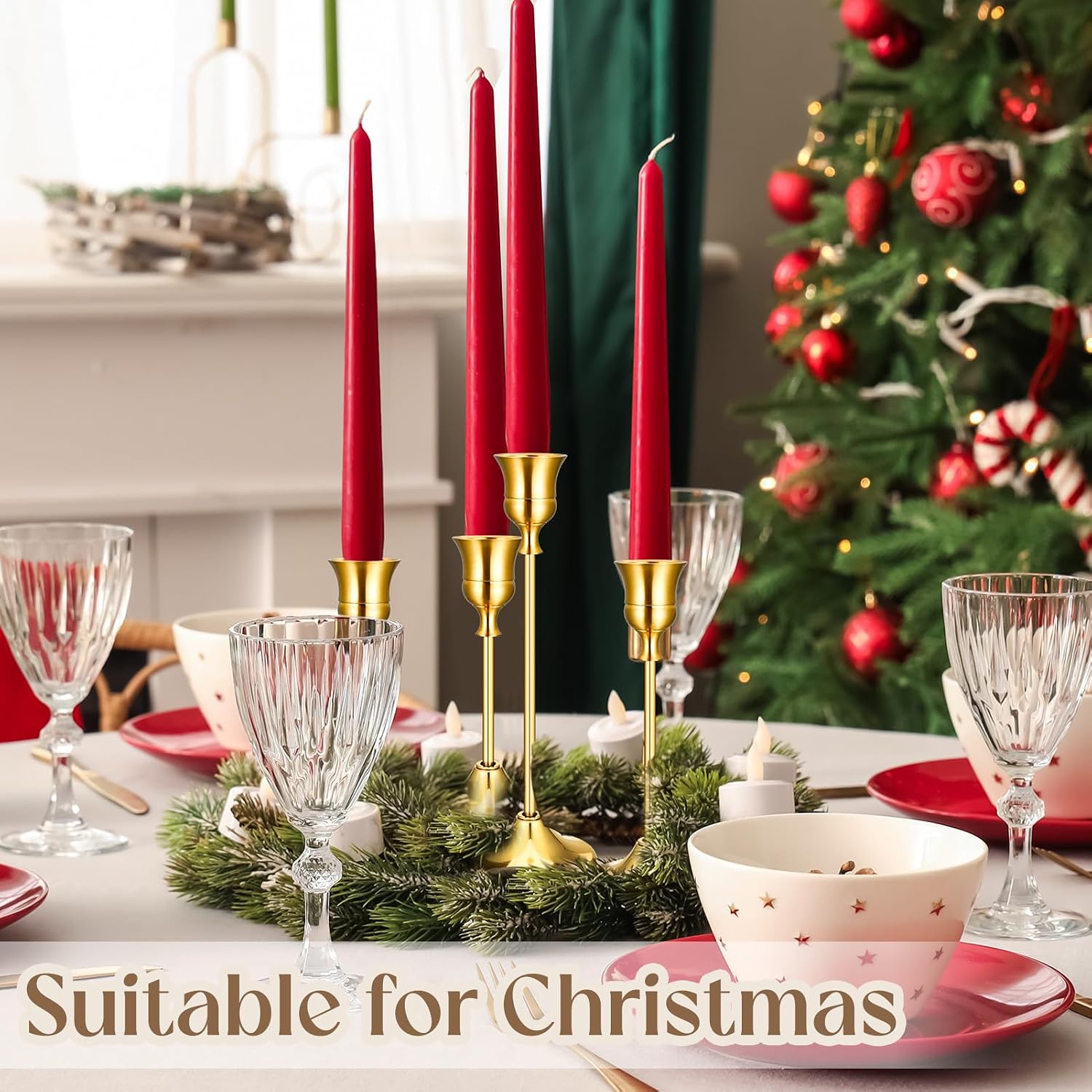 24PCS Brass Gold Taper Candle Holders Set, Vintage Metal Candlestick Holders for Table Centerpiece, Wedding Reception, Festive Christmas Mantel Decoration Gold