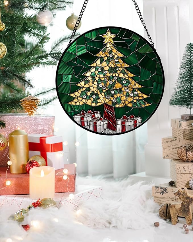 Stained Glass Window Hanging - Golden Christmas Tree Suncatcher for Doors Home Christmas Decoration Winter Sun Catcher Thanksgiving New Year Birthday Gifts for Women Men Mom Nana Girl 9.8 in
