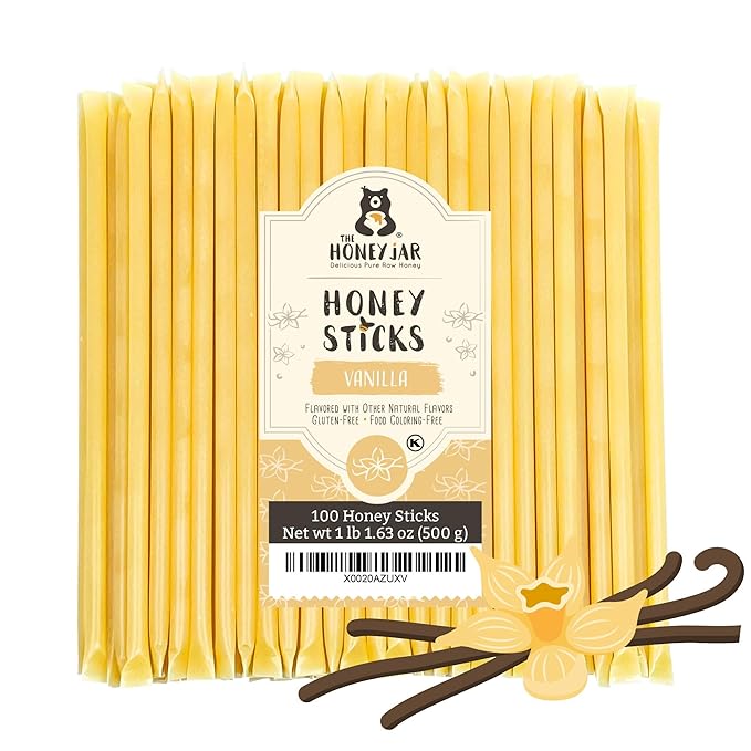 The Honey Jar Vanilla Flavored Honey Sticks - Pure Honey Straws For Tea, Coffee, or a Healthy Treat - One Teaspoon of Flavored Honey Per Stick - Made In The USA with Real Honey - (100 Count)