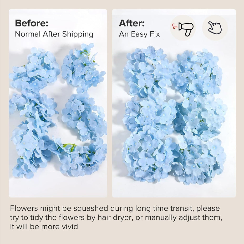 auihiay 64pcs blue hydrangea artificial flowers, silk hydrangeas, front angle view