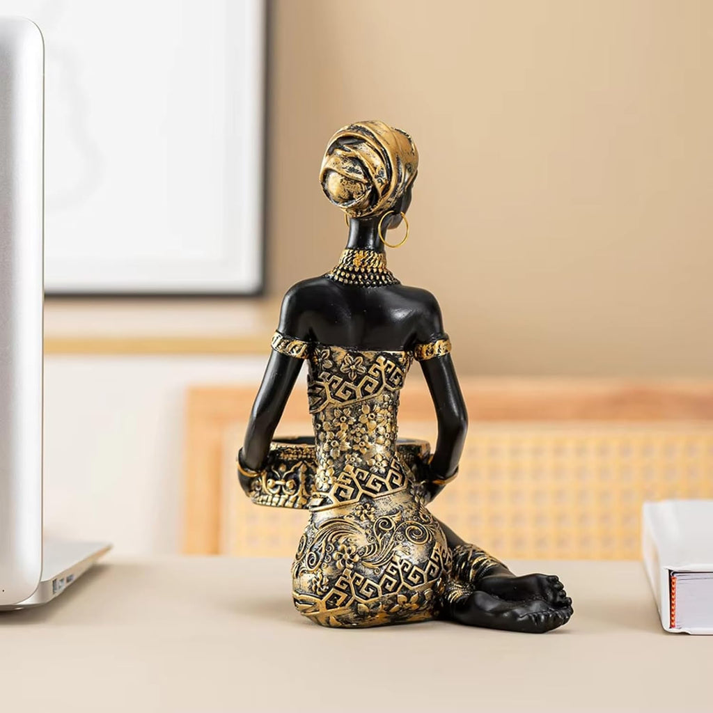 African Tribal Woman Statue Resin Figurine Candlestick Art Sculpture Home Decor Exotic Decor for Living Room Office Storage (A)