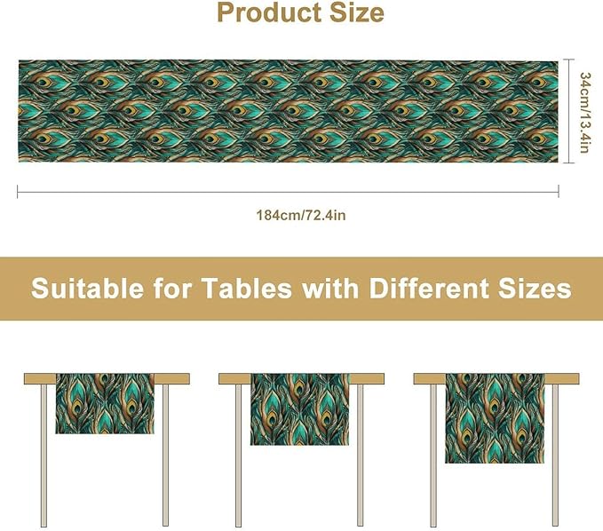Peacock Feather Table Runner,Retro Aesthetic Green Table Runner for Home Kitchen Dining Party Indoor Outdoor Decoration 13x70 Inch