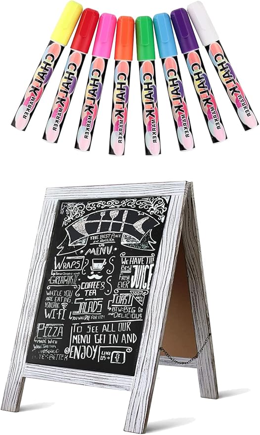 Rustic Whitewash Double Sided Chalkboard, 7.5"*8.6" Tabletop Stand, Small Countertop Chalkboard Easel with 8Pcs Liquid Chalk for Menu, Kitchen, Restaurants, Bar, Wedding and Home Decor