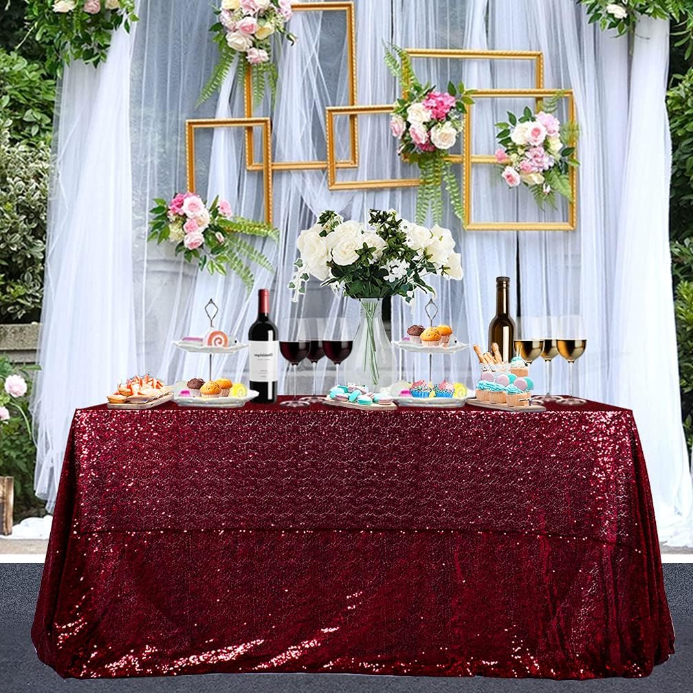 Partisout Sequin Tablecloth 90x132 inch Sequin Table Cloth for Parties Burgun...