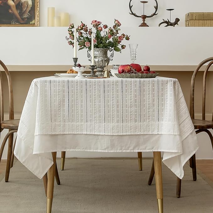 patdrea Designer Vintage Cotton White Lace Tablecloth for Rectangle Tables,French Country Cottage Embroidered Table Cloth Art Decor for Kitchen Wedding Patries Banquet Christmas,59"*91"