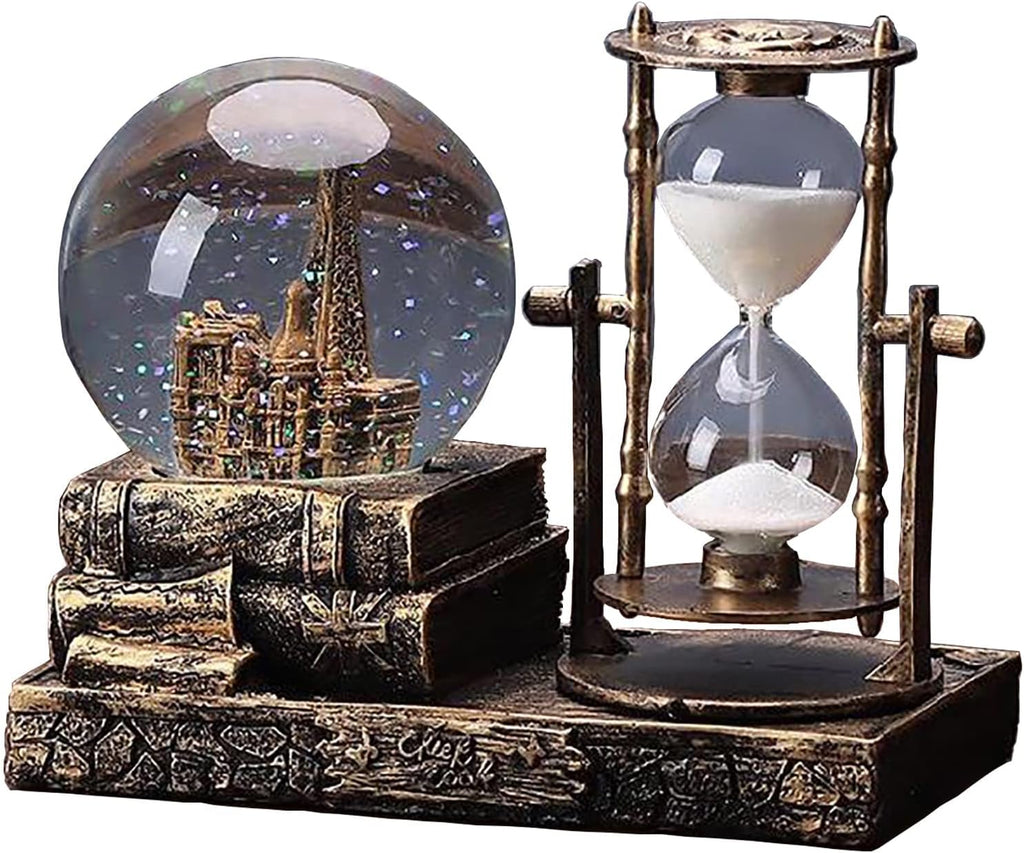 Snow Globe with Hourglass Timer Music LED Light Vintage Resin Paris Eiffel Tower Home Decoration for Living Room Bedroom Book Shelf Office Desk Table Top Decor Fireplace Table Ornaments (A - Brass)