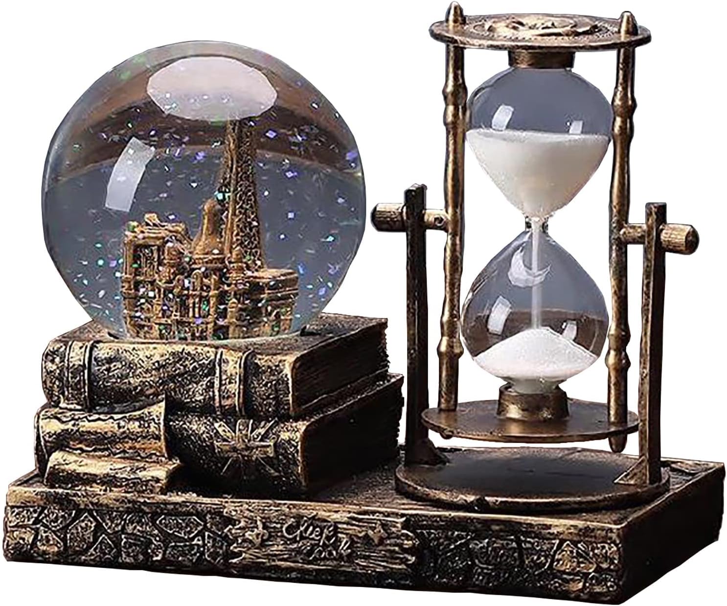 Snow Globe with Hourglass Timer Music LED Light Vintage Resin Paris Eiffel Tower Home Decoration for Living Room Bedroom Book Shelf Office Desk Table Top Decor Fireplace Table Ornaments (A - Brass)