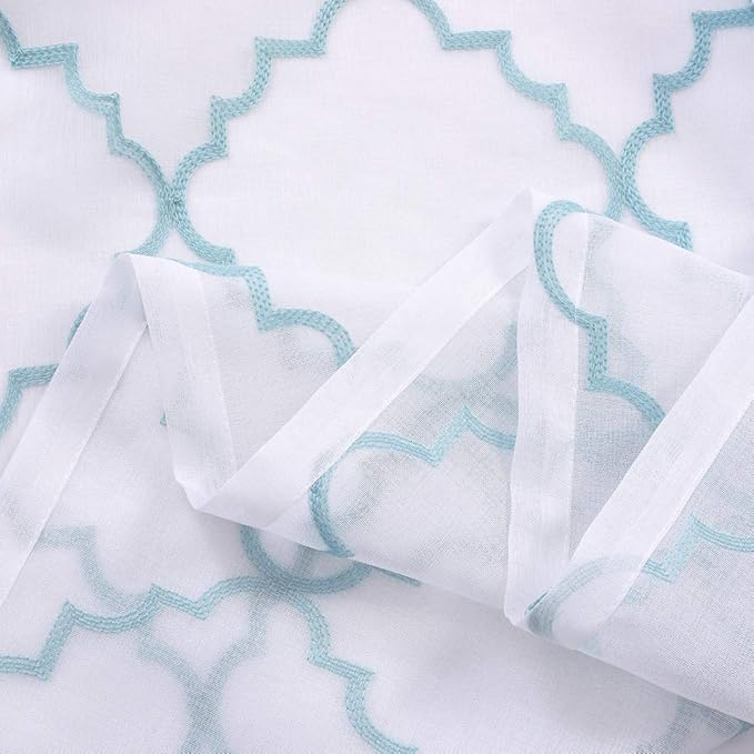 Blue Sheer Curtains 84 Inches Long, Moroccan Embroidered Rod Pocket Sheer Drapes for Living room, Bedroom, 2 Panels, 52"x 84", Semi Crinkle Voile Window Treatments for Yard, Patio, Villa, Set of 2.
