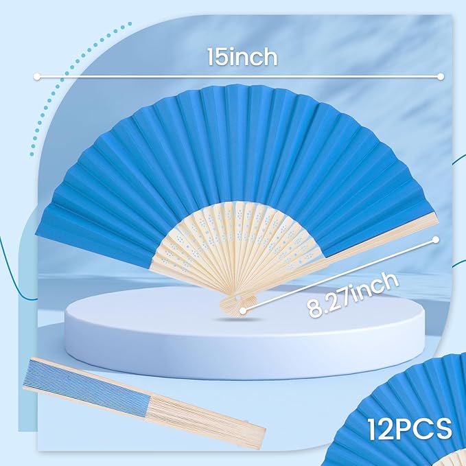 JOHOUSE 12Pcs Blue Paper Folding Hand Fans, 8.3 Inch Handheld Portable Decorative Fans for Wedding, Outdoor Party Favors, Baby Shower Decorations DIY Crafts Photography Prop