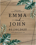 Andaz Press Large Wooden Welcome Sign for Wedding, Rustic Welcome Sign 16" x 20" Custom Names Tropical Monstera Palm Wedding Signage English Oak MDF Wood Finish Wedding Reception Indoor Outdoor Signs