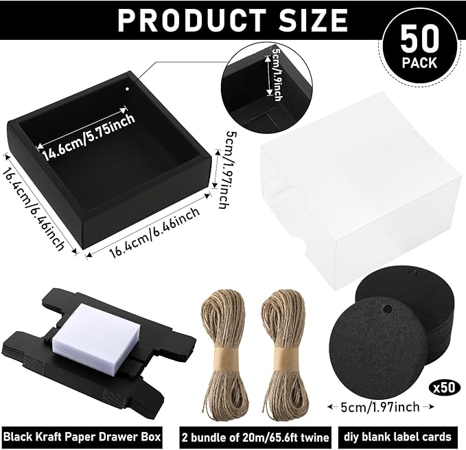 Roowest 50 Sets Kraft Soap Boxes Rectangle Packaging Box with Window Homemade Gift Box with Blank Tags and Jute String for Jewelry Candy Wrapping Party Favor(6.5 x 6.5 x 2 Inch,Black)
