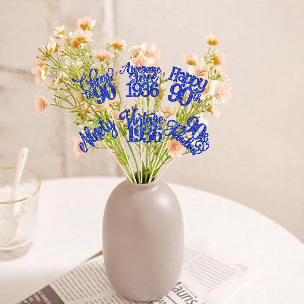 12 Pack Happy 90th Birthday Centerpiece Sticks Glitter Straight Outta 1936 Sixteen 90 Years Old Awesome Since 1936 Table Flower Centerpiece Sticks for 90 Fabulous Theme Party Supplies Blue