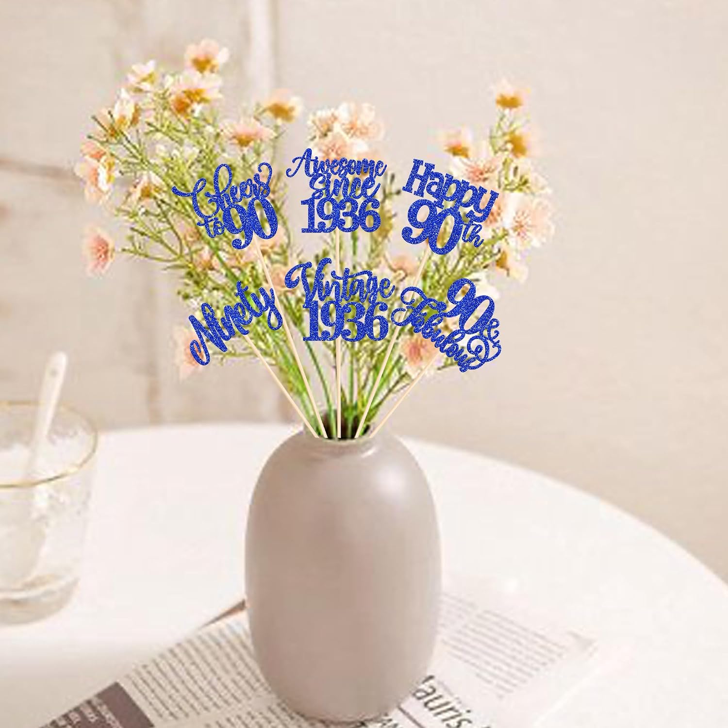 12 Pack Happy 90th Birthday Centerpiece Sticks Glitter Straight Outta 1936 Sixteen 90 Years Old Awesome Since 1936 Table Flower Centerpiece Sticks for 90 Fabulous Theme Party Supplies Blue