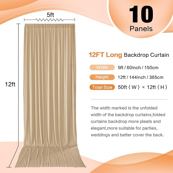 50×12 ft Wrinkle Free Beige Backdrop Curtain for Weddings Parties, 10 Panels 12ft Silky Polyester Wedding Drapes Backdrop Photo Back Drop Cloth for Birthday Baby Shower Photography Backgrounds