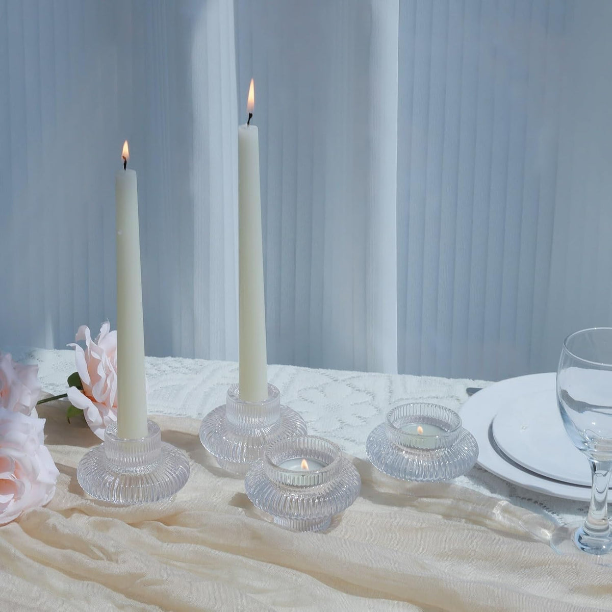 VOHO 12pcs Taper Candle Holders Ribbed Glass, Clear Candle Holder Stackable