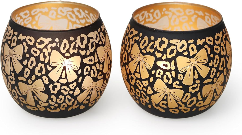 Leopard Candle Holder with Bow Set of 2, Black Gold Votive Tealight Candle Holders for Room Decor, Aesthetic Ribbon Votive for Wedding Centerpieces & Leopard Birthday Party Decorations