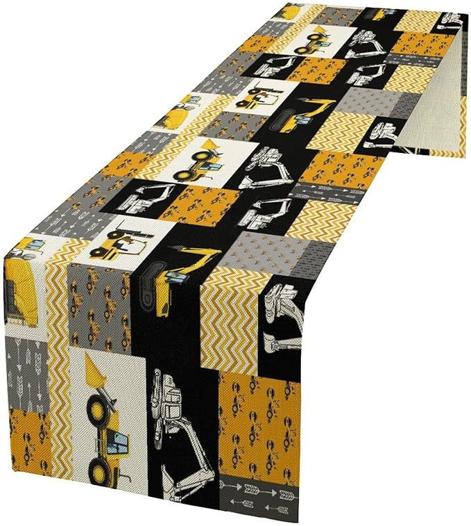 Excavator Table Runner,Boys Kids Construction Vehicles Equipment Trucks Cartoon Car Tablecloth Burlap for Hotel Indoors Outdoor Dining Room Kitchen Holiday Party, 13x80in