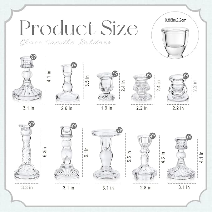 Mumufy 40 Pcs Glass Crystal Taper Candle Holders Clear Glass Candlestick Holder Fit 0.8 Inch Candles Crystal Decorative Candle Stand Centerpiece Table Wedding Dining Party (Classic,Clear)