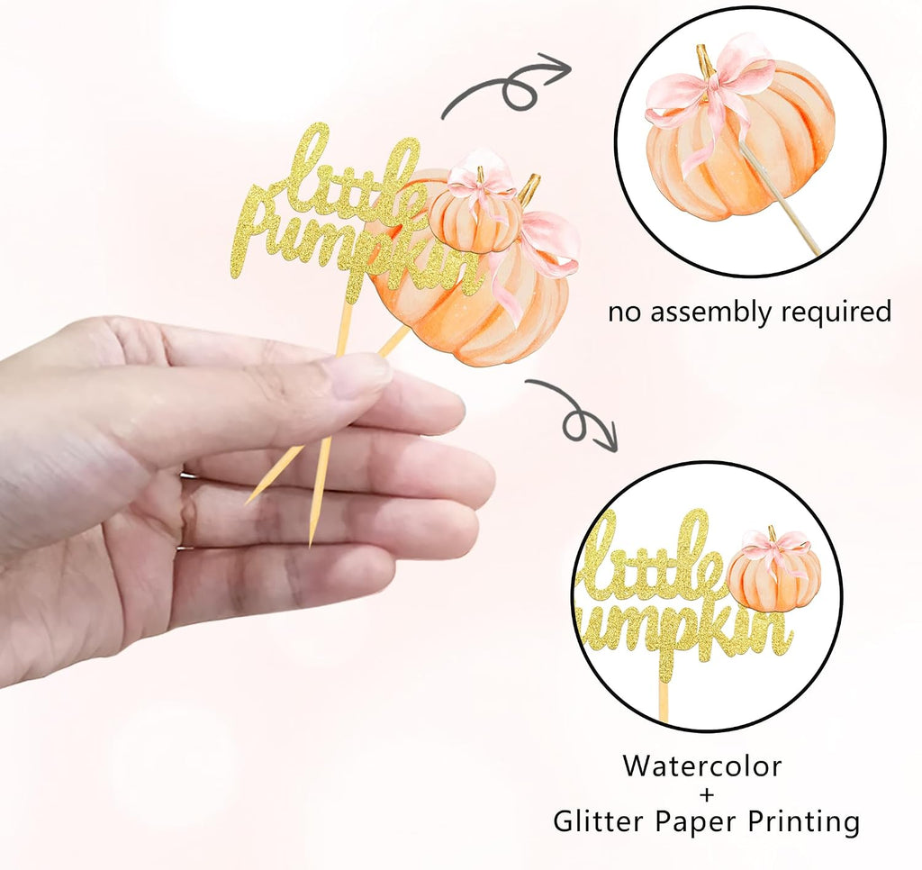 24 Pcs Pumpkin Cupcake Toppers, Thanksgiving Birthday Baby Shower Bow Fall Theme Party Decorations Gender Reveal Supplies (bow pink)