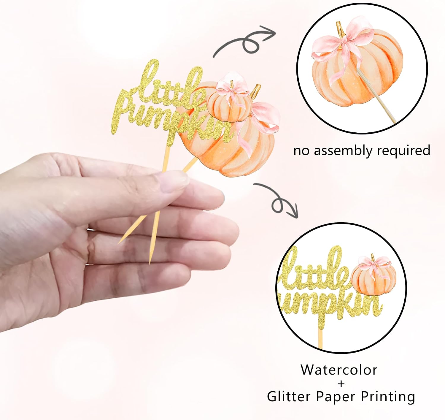 24 Pcs Pumpkin Cupcake Toppers, Thanksgiving Birthday Baby Shower Bow Fall Theme Party Decorations Gender Reveal Supplies (bow pink)