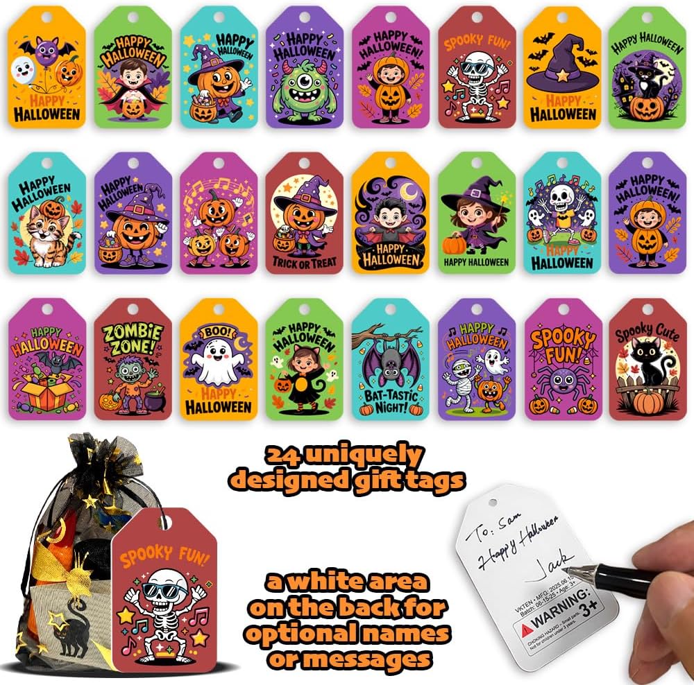 VKTEN 24 Pack Halloween Party Favors for Kids–Prefilled Mesh Treat Bags with Toys, Gift Tags & Twine–Trick or Treat Goodie Bag Fillers, Classroom Prizes & Exchange Gifts