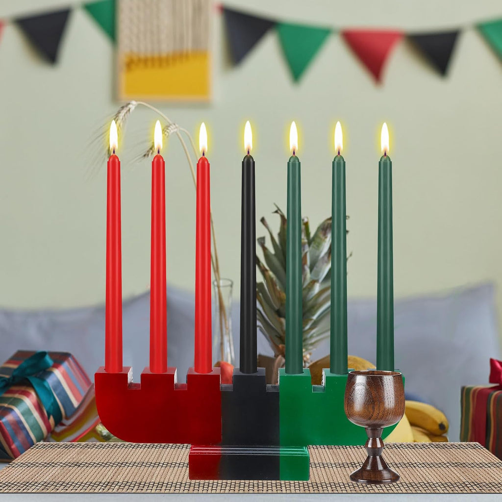 Zubebe 10 Pcs Kwanzaa Kinara Set 3 Red 3 Green 1 Black Kwanzaa Candle Set Kinara Bamboo Table Mat Candle Holder Wooden Wine Goblet for Celebration Decoration(Red Green Black)