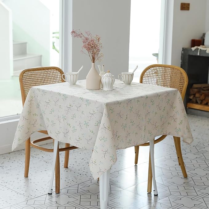 Pastoral Square Tablecloth - 52 x 52 Inch - Beige Linen Table Cloth - Washable Table Cover with Dust-Proof Wrinkle Resistant for Restaurant, Picnic, Bistro, Indoor and Outdoor Dining, Gardenia