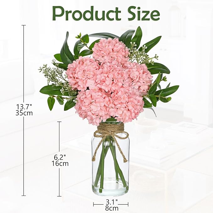 Hollyone Pink Hydrangea Artificial Flowers in Clear Glass Vase with Faux Water Silk Hydrangeas Fake Flowers Floral Arrangement for Home Bathroom Kitchen Office Table Centerpiece Shelf Decorations