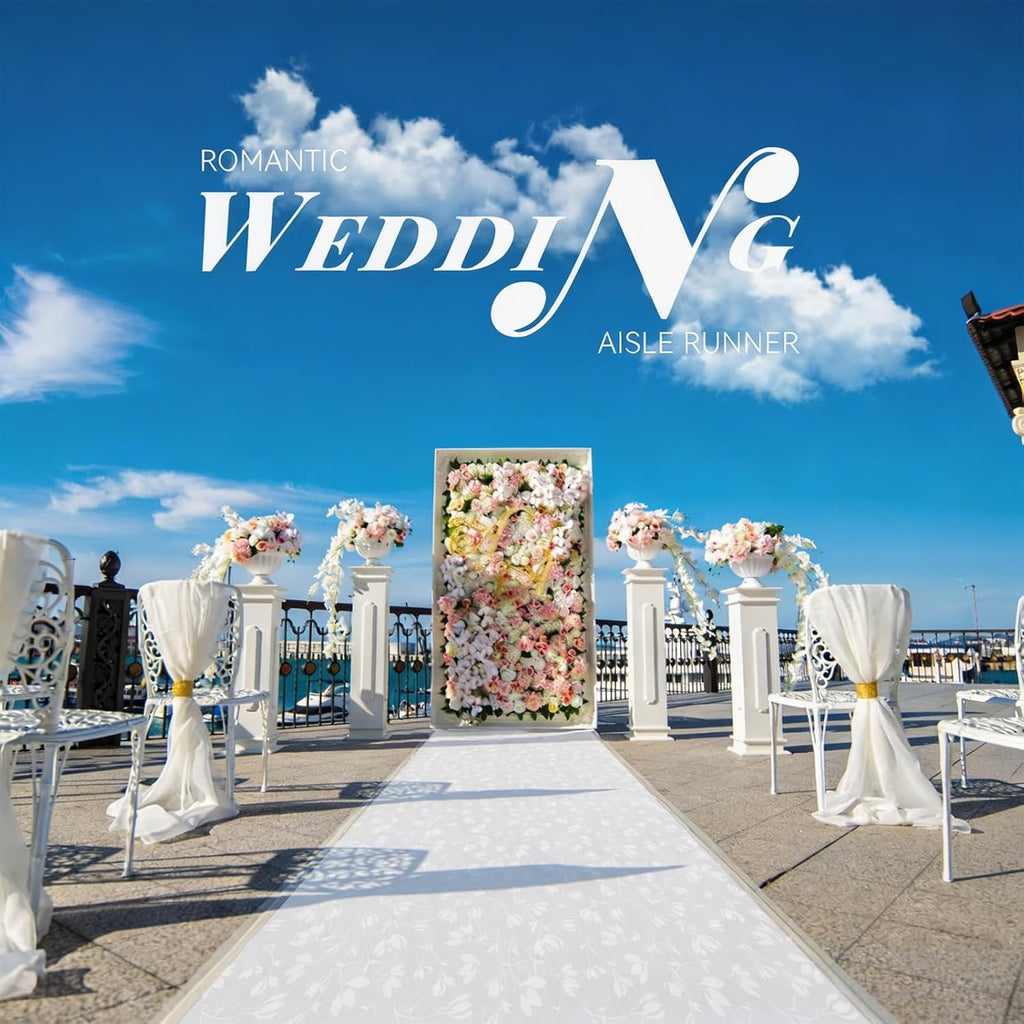 EZLucky Extra Long Wedding Aisle Runner 3x100 ft, White Non-Slip Runner with Double-Sided Tape & Pull Cord, Indoor Outdoor Aisle Runner for Wedding Ceremony, Cuttable Scroll Pattern